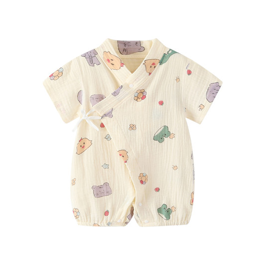 婴儿夏季短袖纯棉连体衣薄款纱布包屁衣新生儿和尚服宝宝外出哈衣