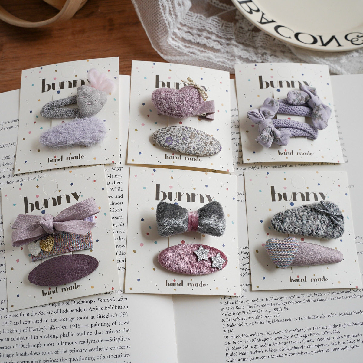 小众设计感莫兰迪灰紫系布艺几何发夹碎花蝴蝶结爱心萝卜组合发卡 - 图2