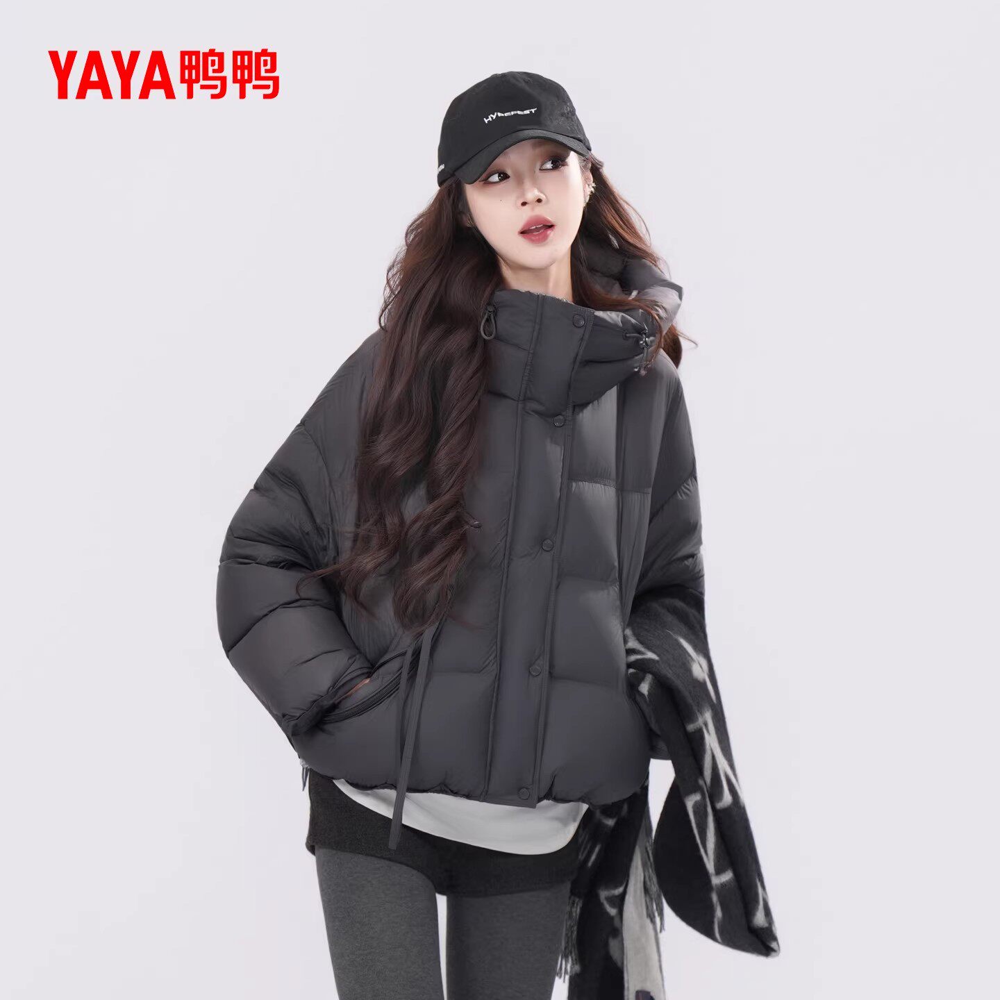 鸭鸭2025新款羽绒服女冬季加厚泡芙短款气质黑色90鸭绒保暖外套F