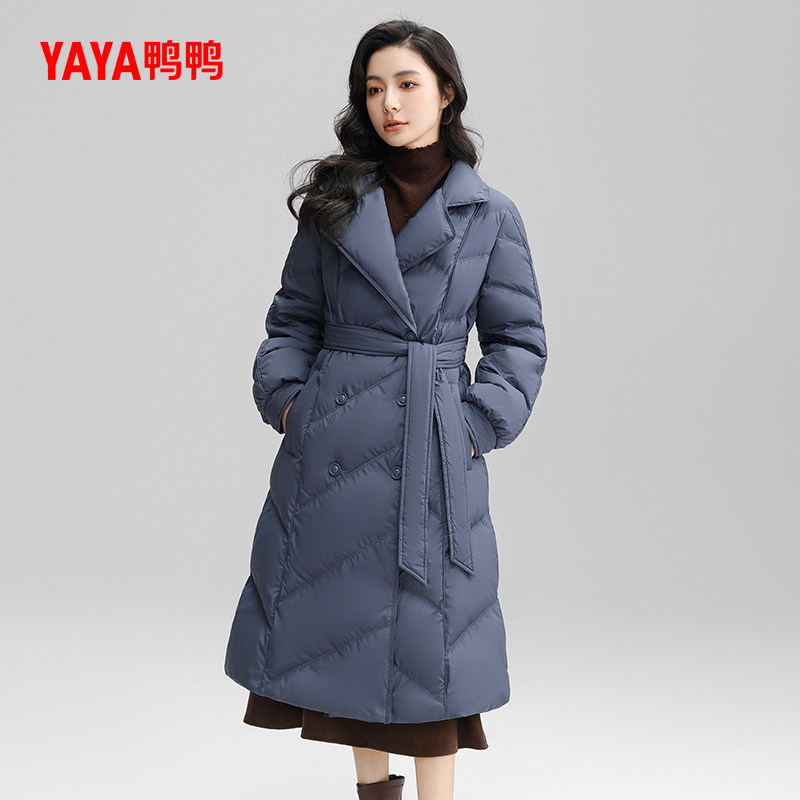 鸭鸭羽绒服女款2025秋冬反季加厚中长款西装领系带显瘦保暖外套S