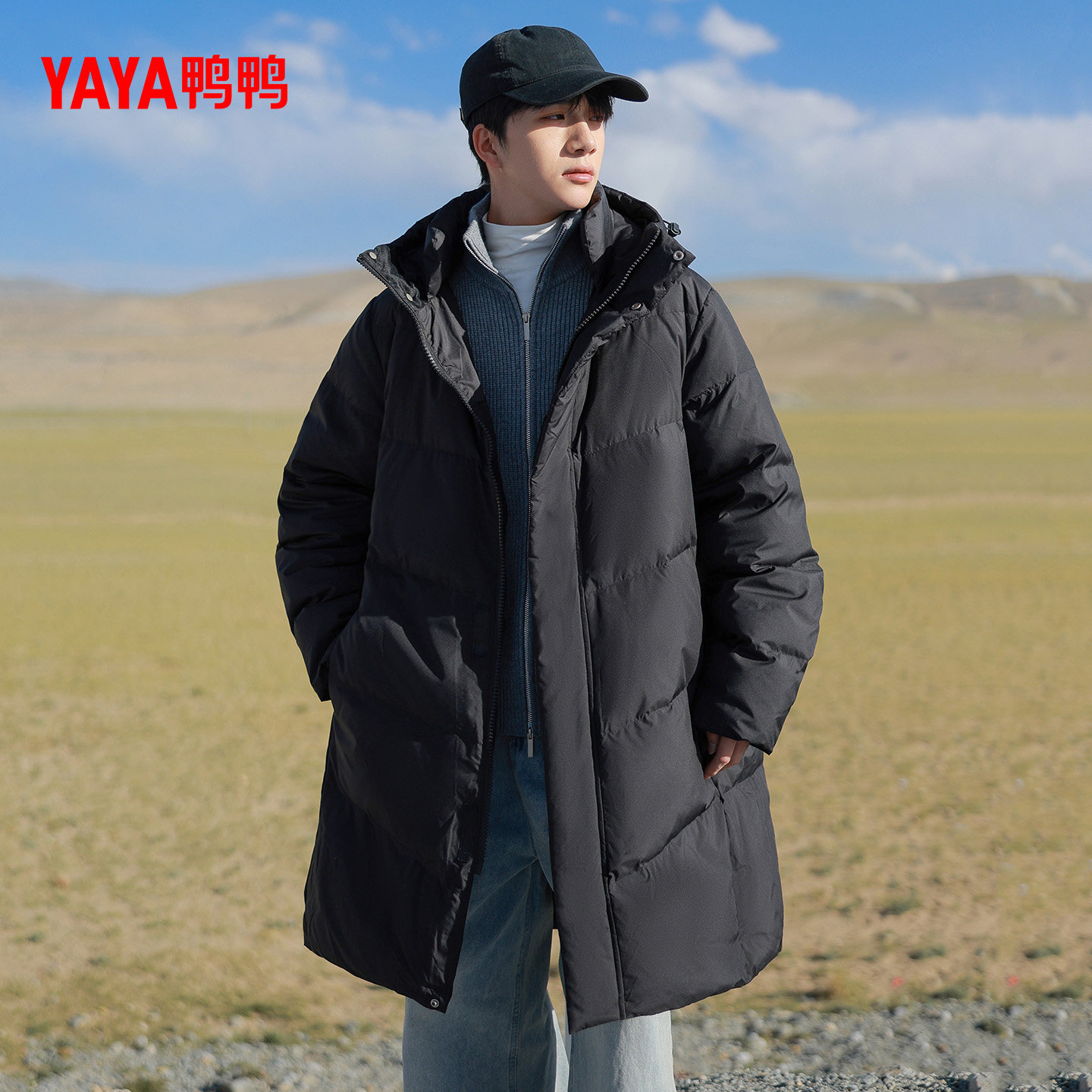 鸭鸭羽绒服男款2025年冬季新品中长款连帽加厚休闲保暖鸭绒外套M