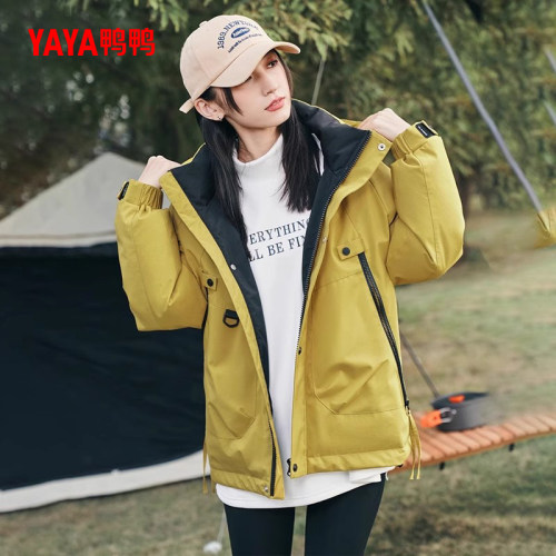 鸭鸭羽绒服男女2025年冬新款户外工装派克服连帽加厚保暖中性外套 - 图2