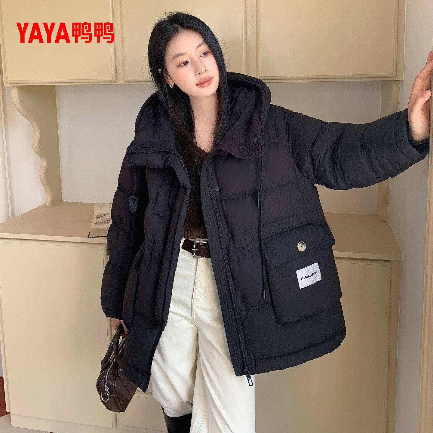 鸭鸭羽绒服女中长款2025年秋冬季新款时尚百搭加厚保暖连帽外套M,淘宝优惠券,粉丝福利购,淘宝优惠卷