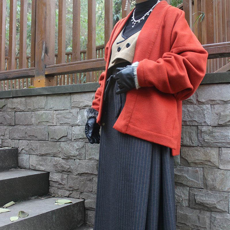 柿叶 焦糖色灰橘红羊毛羊绒混纺飞机袖对襟短衫 宋制冬春日常汉服 - 图2