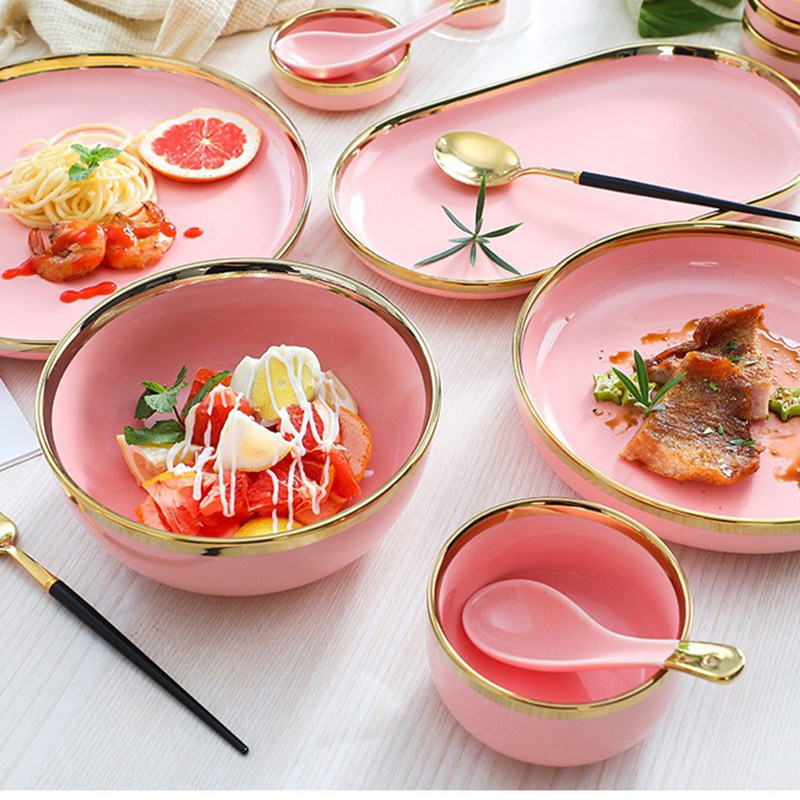 北欧陶瓷粉色金边轻奢米饭碗单个碗碟套装家用创意餐具盘子面汤碗,淘宝优惠券,粉丝福利购,淘宝优惠卷