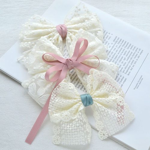 米色网纱刺绣花朵花边蕾丝 手工发饰头饰材料自制DIY大蝴蝶结发夹 - 图1