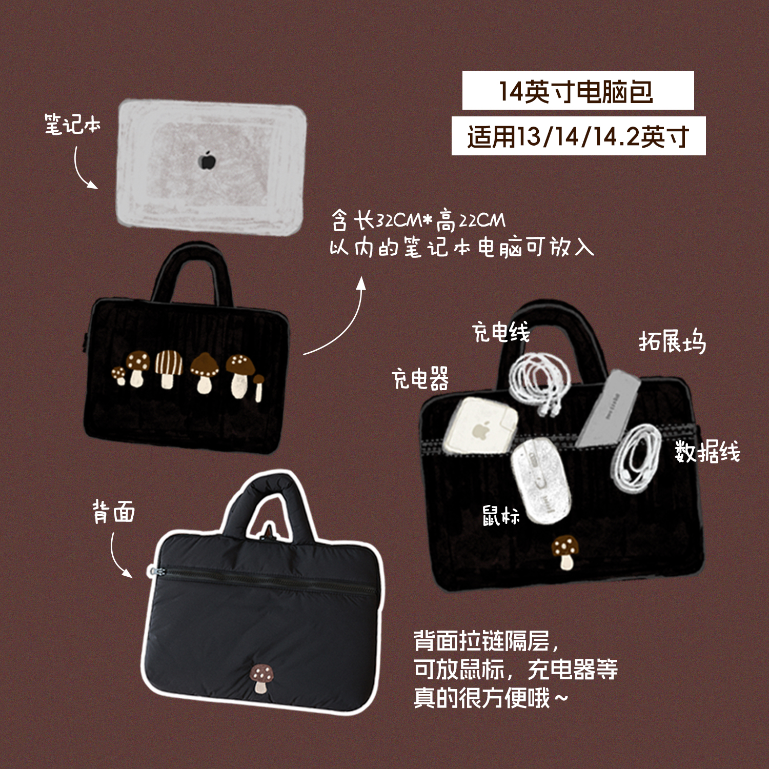 梵花不语原创设计11寸平板收纳包iPad包14寸苹果笔记本电脑包防震 - 图0