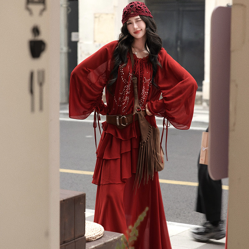 AZure法式复古红色雪纺衫蛋糕半身裙套装新疆川西旅游气质两件套,淘宝优惠券,粉丝福利购,淘宝优惠卷