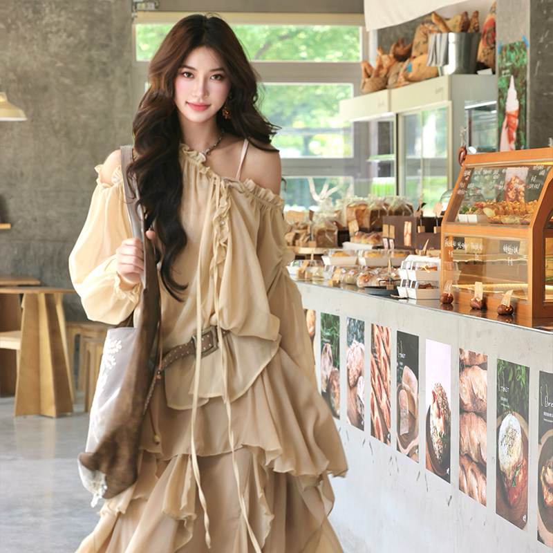 AZure温柔风雪纺衫奶杏色绑带可露肩上衣气质小性感法式长袖罩衫 - 图2