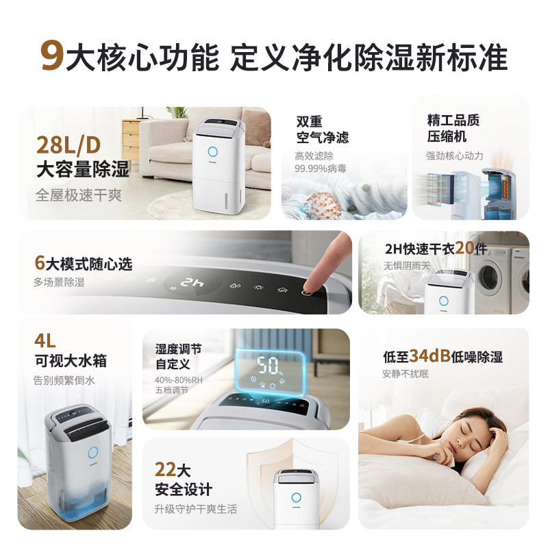 飞利浦智能除湿机家用卧室地下室抽湿干衣空气净化一体机器DE5305,淘宝优惠券,粉丝福利购,淘宝优惠卷