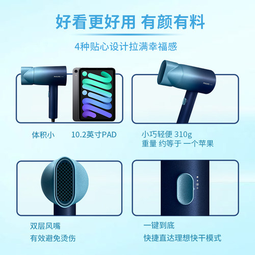 飞利浦电吹风机负离子护发速干家用学生速干吹风筒大功率BHD399 - 图1