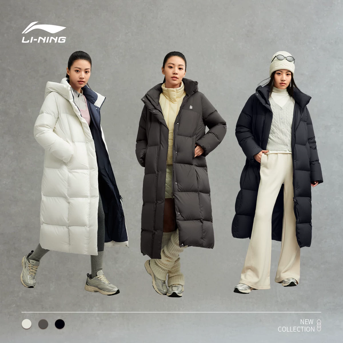Li Ning, зимняя дутая куртка, длинная бархатная теплая толстовка с капюшоном, пух гуся
