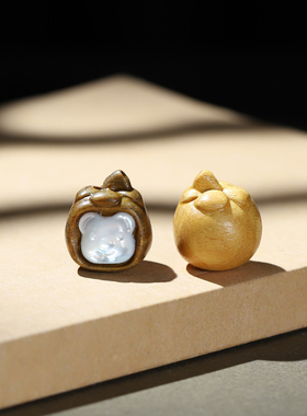 绿檀木雕刻白贝小熊配件手工diy