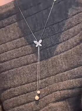 韩系银色烟花珍珠流苏项链女轻奢高级感长款颈链可抽拉毛衣链配饰
