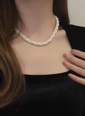 三层玻璃珍珠项链女轻奢小