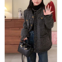 Grey wool small scented wind jacket female winter style white duck suede 2023 autumnale fur lace style advanced feel down jacket