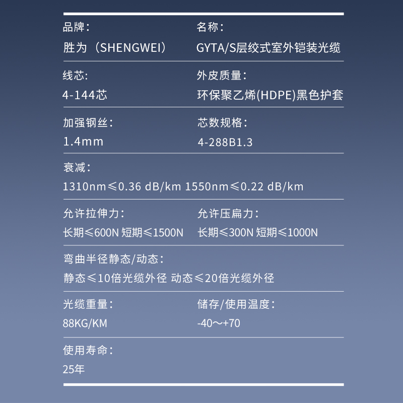 【胜为】室外铠装4/6/8/12/芯单模光纤线 GYTS层绞式室外架空/管道光缆光纤线1000/2000米 - 图3