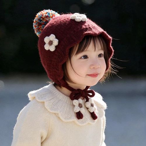 宝宝红色帽子秋冬季保暖加厚针织护耳帽女儿童防风毛线新年系带帽 - 图0
