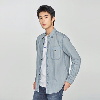 Lee经典翻领小Logo男长袖牛仔衬衫
