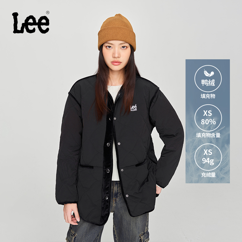 Lee舒适版圆领丝绒滚边黑色女羽绒夹克外套休闲潮流LWT008952205 - 图1