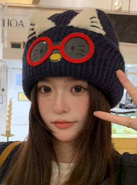 可爱猫耳针织帽女秋冬保暖大头围显脸小卡通猫咪眼镜护耳毛线帽子
