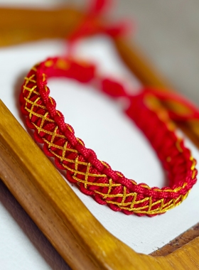 定制纯手工宽版双向平结手绳加金线款男女情侣红绳手链宽1厘米