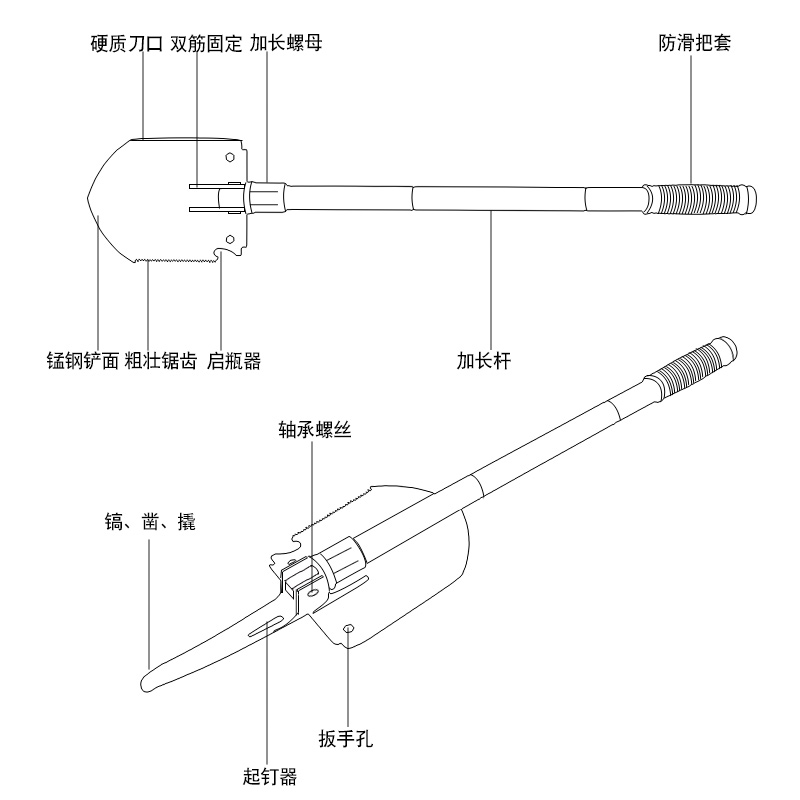 工兵铲车载多功能户外锰钢折叠猛士MS-608兵工铲铁锹小铲子便携铲-图2