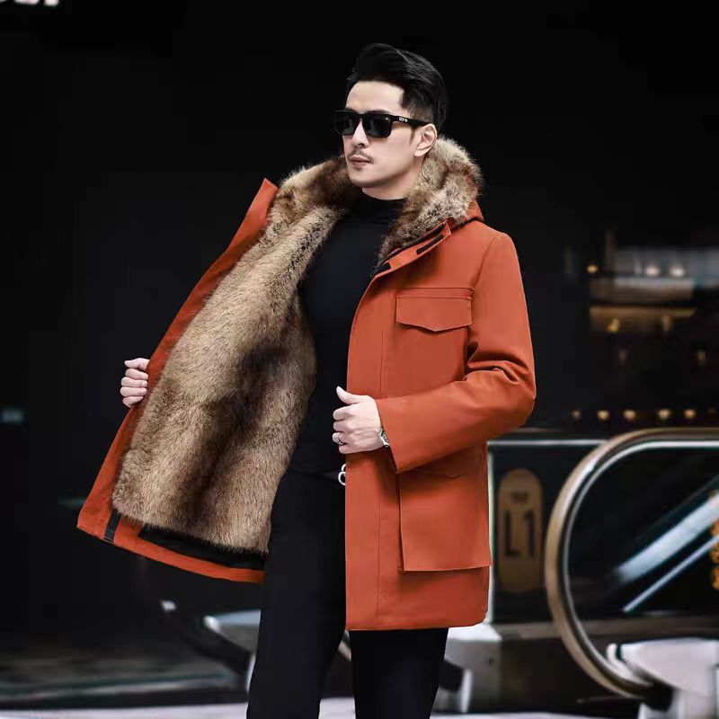 派克服男款皮草2023冬新款皮毛一体内胆可拆卸中长款加厚保暖大衣 - 图2