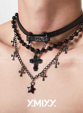 禁欲系锁骨链哥特风洛丽塔蕾群搭配黑色皮带扣皮革双层串珠项链