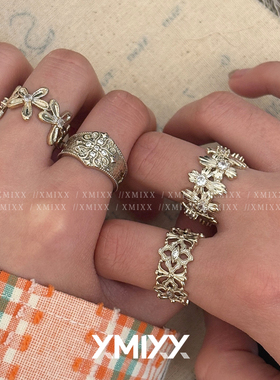 中古咖啡金浮雕蕾丝四叶草开口戒