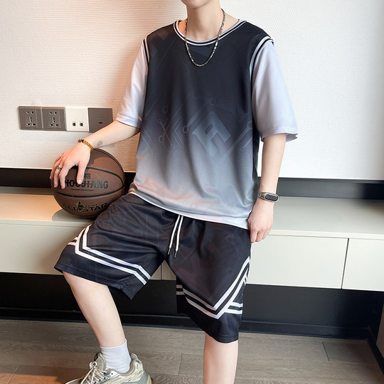 冰丝套装男夏季渐变色篮球服初高中学生短袖t恤宽松速干运动短裤