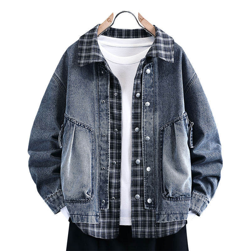 格子拼接假两件牛仔外套男士春秋季高级感痞帅夹克青少年男装褂子,淘宝优惠券,粉丝福利购,淘宝优惠卷