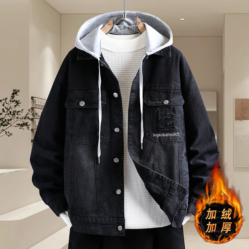 字母刺绣牛仔外套男加绒加厚秋冬季工装夹克韩版潮帅气青少年棉衣 - 图1