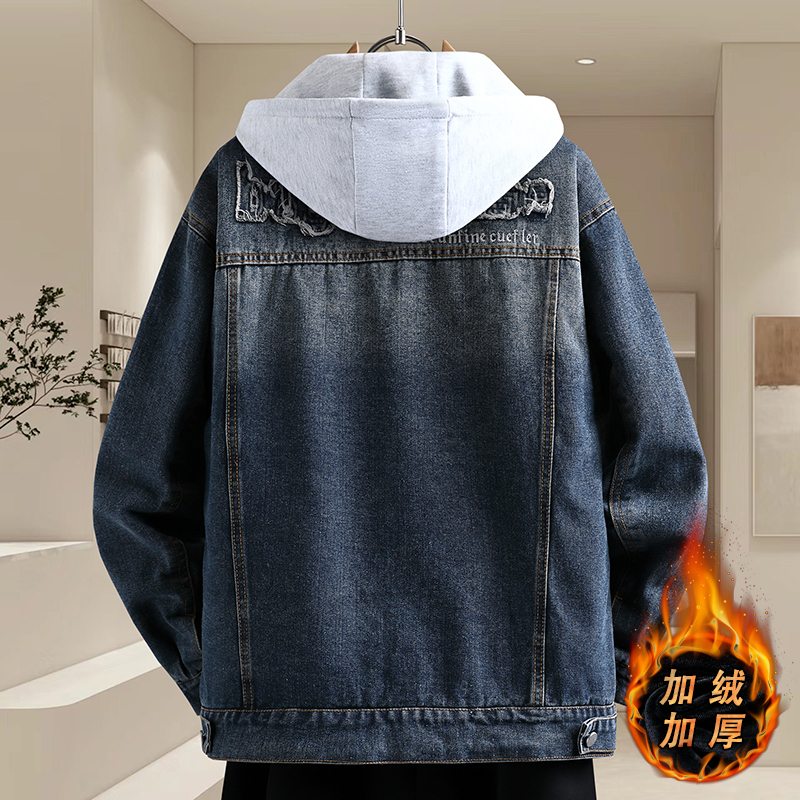 字母刺绣牛仔外套男加绒加厚秋冬季工装夹克韩版潮帅气青少年棉衣 - 图0