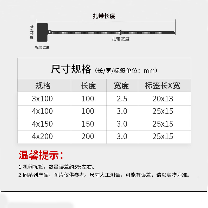 。彩色标牌扎带4*200吊牌网线标记牌可手写电线标记固定卡扣扎带 - 图0