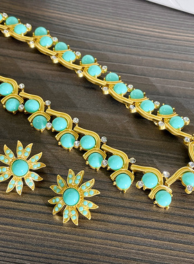 复古效果蓝色花朵重工项链