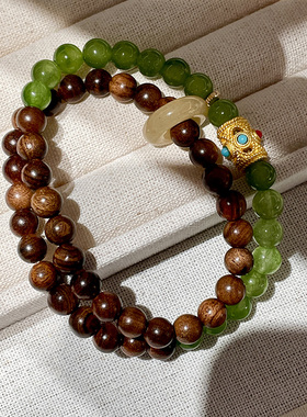 青山黛手串绿色天然石檀木手串双圈木质檀香手链女款中式国风手环
