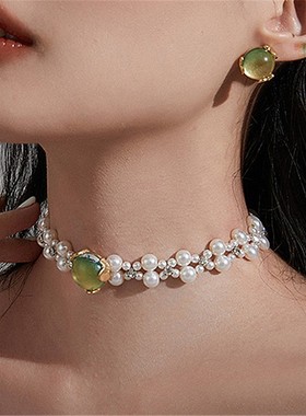 S925银针法式绿色人造宝石耳环女高级感耳饰小众复古巴洛克耳钉潮