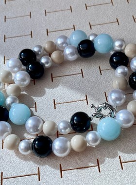 珍珠天然石蓝色锁骨链海蓝宝水晶串珠毛衣项链女夏日轻奢小众颈链