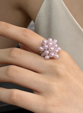 超精致编织紫色花朵戒指女复古珍珠中古质感叠戴戒指气质新款指环
