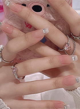 铜镀金粉钻爱心食指戒肌理开口珍珠方钻戒指珍珠锆石流苏链条指环