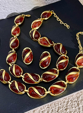 复古棕色水晶串珠项链