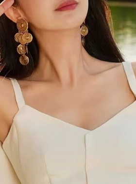 老钱风复古耳饰金属罗盘圆片圆币项链重工流苏耳环长款毛衣链配饰