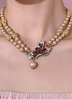 珍珠串珠镶钻滴油蝴蝶双层吊坠毛衣链优雅复古高级感项链女锁骨链