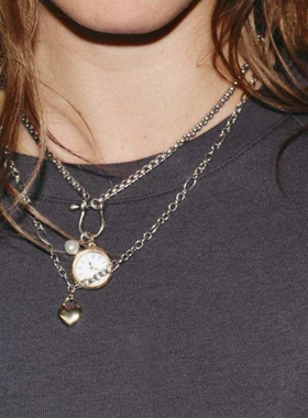 欧美三件套多层链条爱心锁骨链叠戴项链OT扣套装腕表挂饰毛衣链女