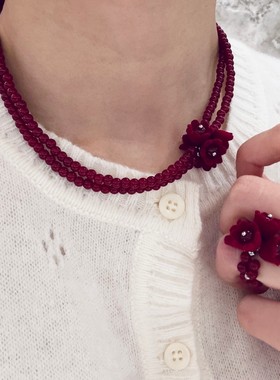 红色水晶串珠颈链复古绒面花朵戒指双层小花繁花choker锁骨链项链