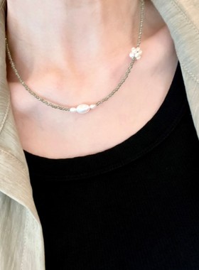 浅绿色橄榄石淡水珍珠花球项链高级感ins风水晶串珠气质锁骨链女