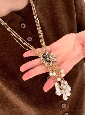 中古vintage复古宫廷珍珠水滴花朵流苏耳环玫瑰花项链套装毛衣链