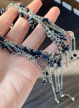 黑色水晶串珠流苏项链