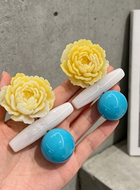 渐变黄色牡丹花耳钉树脂花朵蓝色圆球耳环复古气质彩色马卡龙耳饰